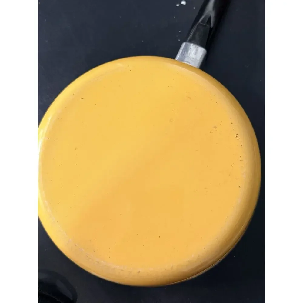 Vintage Yellow Enamelware 9” Saucepan Skillet with Kitchen Motif Pattern